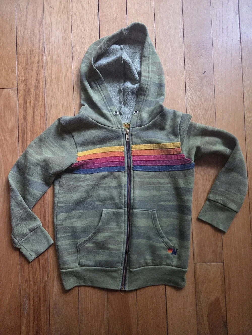 Aviator Nation Kids Olive Green Hoodie with Rainbow Stripes Size 8